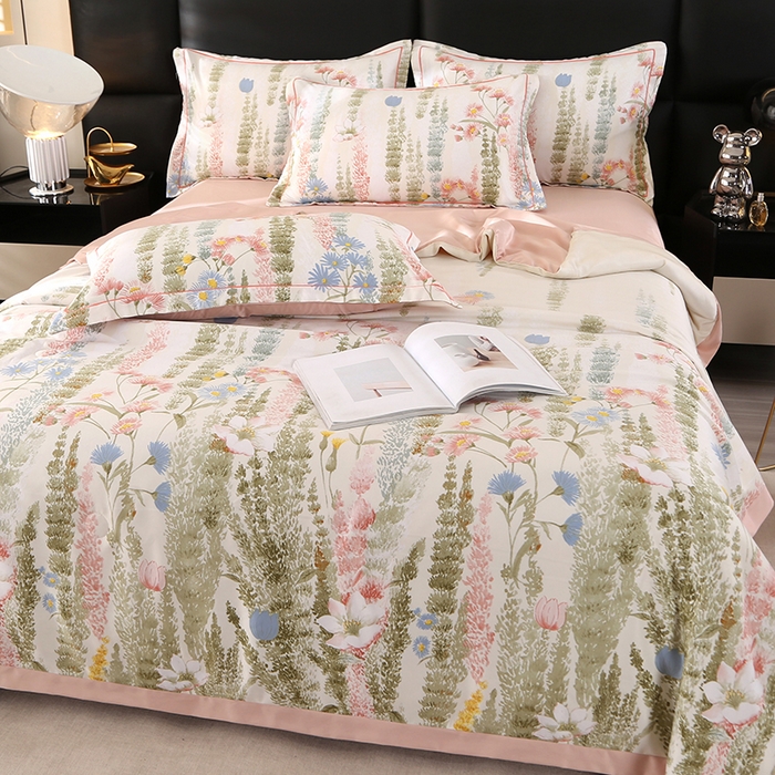 91家纺网 家纺一手货源 找家纺 富之航家纺 2024新款拼角宽边水洗天丝夏被四件套 炫彩