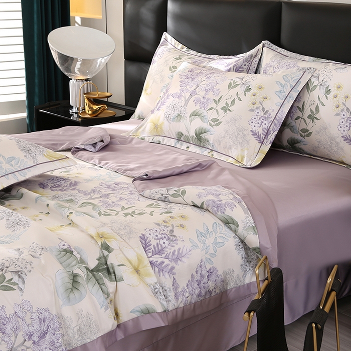 91家纺网 家纺一手货源 找家纺 富之航家纺 2024新款拼角宽边水洗天丝夏被四件套 叶知秋咖