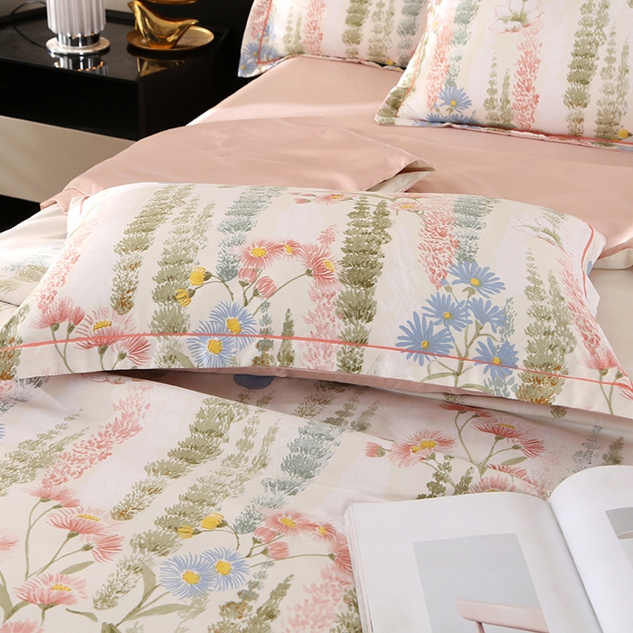 91家纺网 家纺一手货源 找家纺 富之航家纺 2024新款拼角宽边水洗天丝夏被四件套 炫彩