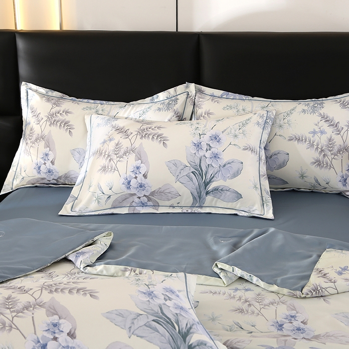 91家纺网 家纺一手货源 找家纺 富之航家纺 2024新款拼角宽边水洗天丝夏被四件套 玉茗春浅米