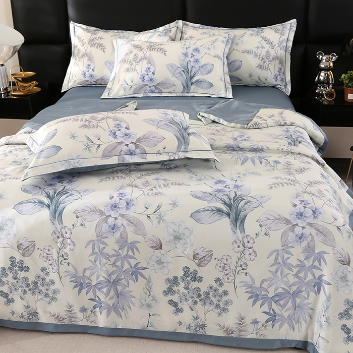 91家纺网 家纺一手货源 找家纺 富之航家纺 2024新款拼角宽边水洗天丝夏被四件套 玉茗春浅米