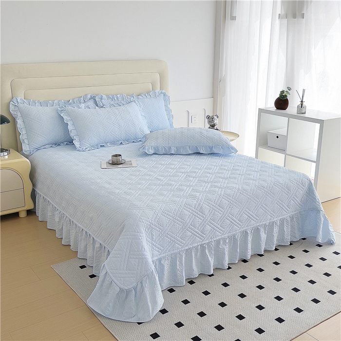 91家纺网 家纺一手货源 找家纺 十个点 2024新款软糯舒适水洗泡泡棉夹棉床盖款单品及套件 天蓝