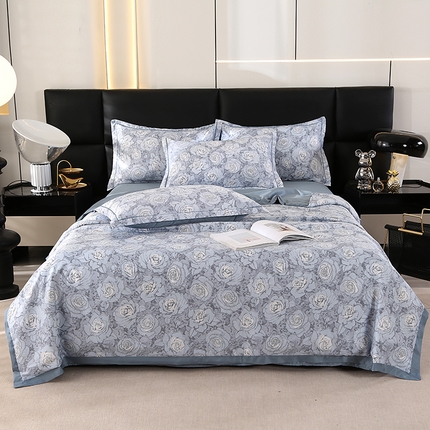 富之航家纺 2024新款拼角宽边水洗天丝夏被四件套 玫瑰灰