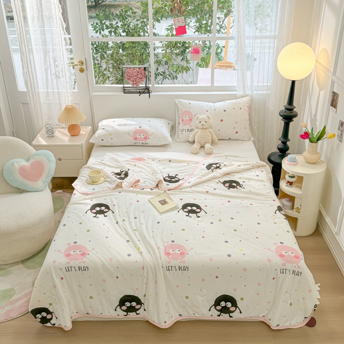 91家纺网 家纺一手货源 找家纺 葡萄家 2024新款A类母婴级大豆纤维牛奶丝针织棉夏凉被 波点煤球