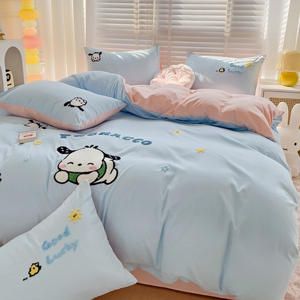 91家纺网 家纺一手货源 找家纺 恋佳居 2025新款时尚亲肤小清新水洗棉毛巾绣四件套 开心狗