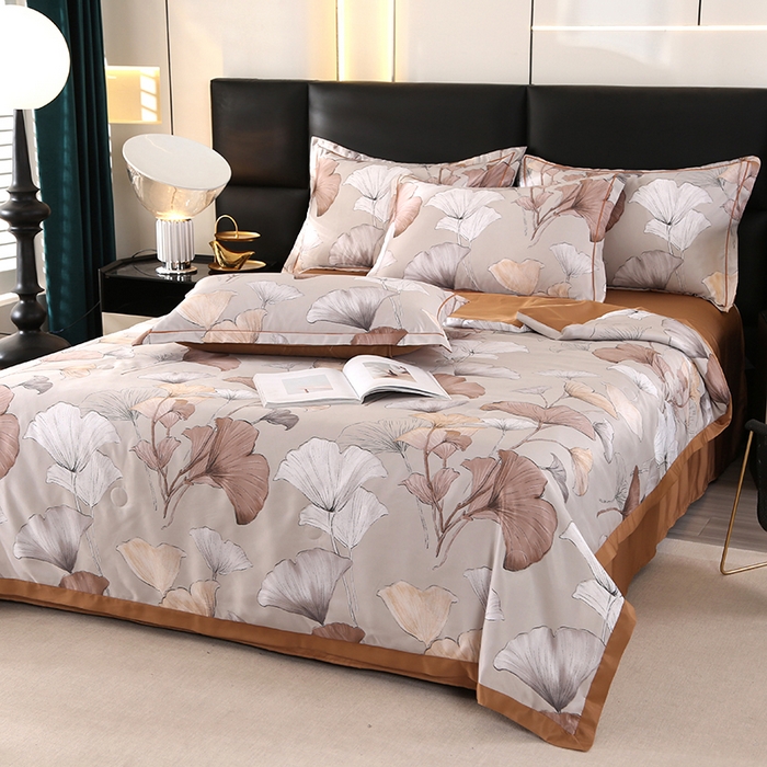 91家纺网 家纺一手货源 找家纺 富之航家纺 2024新款拼角宽边水洗天丝夏被四件套 盛夏-可可棕