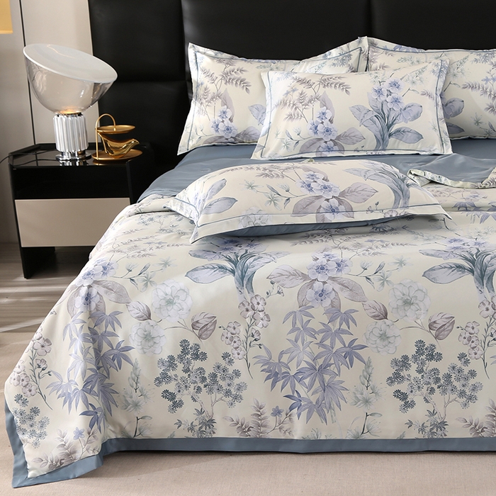 91家纺网 家纺一手货源 找家纺 富之航家纺 2024新款拼角宽边水洗天丝夏被四件套 玉茗春浅米