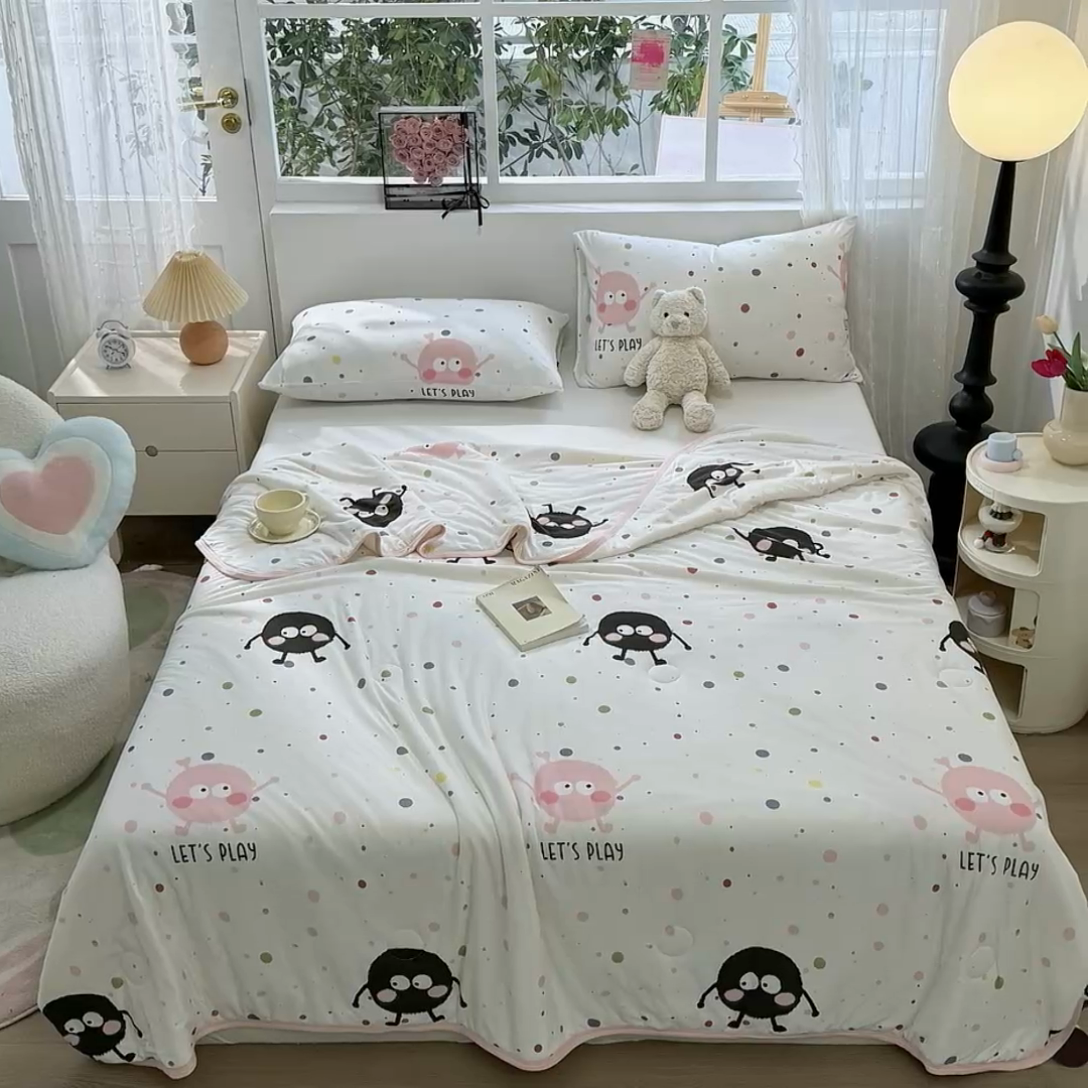 91家纺网 家纺一手货源 找家纺 葡萄家 2024新款A类母婴级大豆纤维牛奶丝针织棉夏凉被 波点煤球