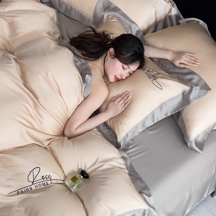 91家纺网 家纺一手货源 找家纺 瑞驰家纺 2024新款60兰精天丝四件套-罗莎琳 浅杏色