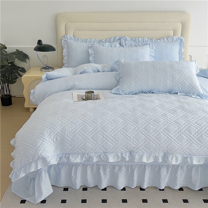 91家纺网 家纺一手货源 找家纺 十个点 2024新款软糯舒适水洗泡泡棉夹棉床盖款单品及套件 天蓝