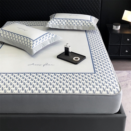 三味舒屋 2025新款凉感抗菌防螨印花冰丝养生席手绘系列床笠款【简欧】  华伦蓝