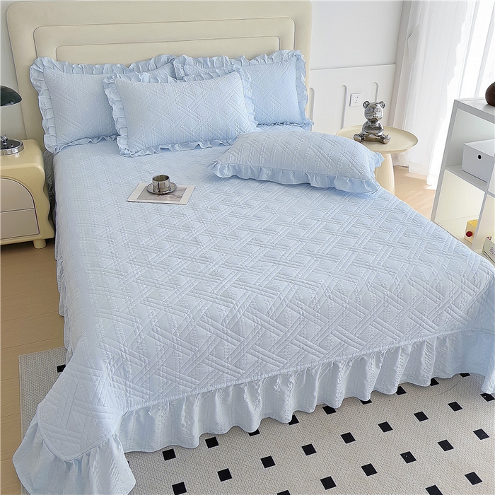 91家纺网 家纺一手货源 找家纺 十个点 2024新款软糯舒适水洗泡泡棉夹棉床盖款单品及套件 天蓝