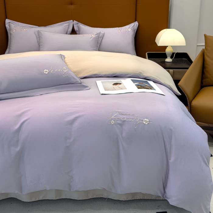 91家纺网 家纺一手货源 找家纺 U品汇 2024新品60S支贡缎长绒棉刺绣花四件套AB版纯棉全棉4件套100%棉 爱莎-浅魅紫