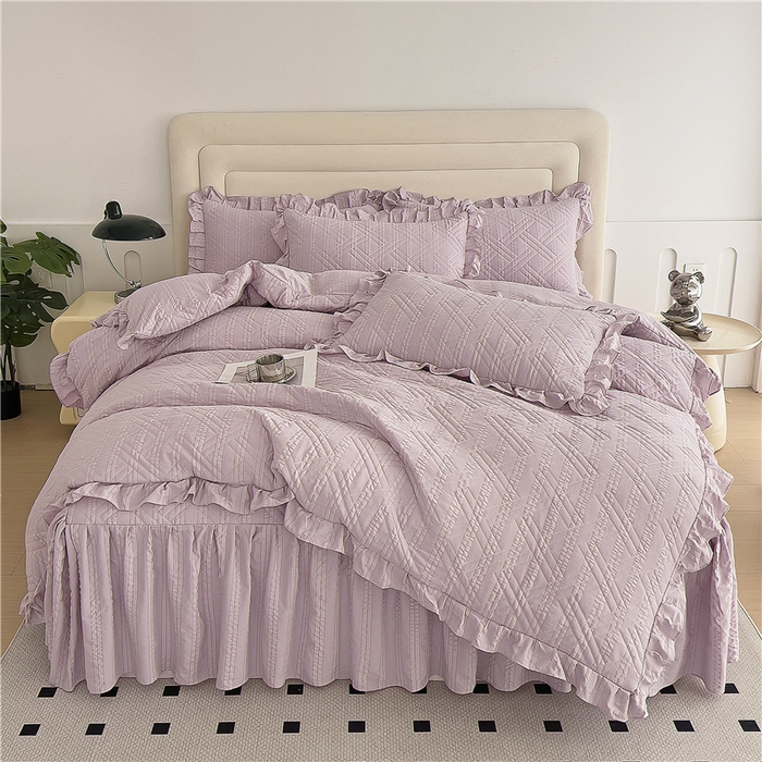 91家纺网 家纺一手货源 找家纺 十个点 2024新款亲肤水洗泡泡棉夹棉绗缝床裙款单品及套件 豆沙