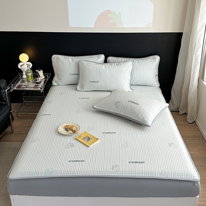 91家纺网 家纺一手货源 找家纺 2024 新款A类立体提花冰豆豆凉感抗菌凉席床笠款 小草莓绿