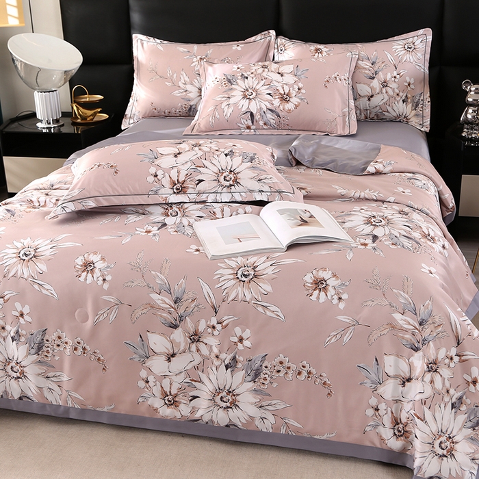 91家纺网 家纺一手货源 找家纺 富之航家纺 2024新款拼角宽边水洗天丝夏被四件套 花悦吟粉