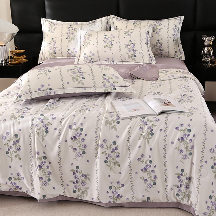 91家纺网 家纺一手货源 找家纺 富之航家纺 2024新款拼角宽边水洗天丝夏被四件套 园艺紫