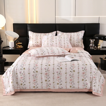 富之航家纺 2024新款拼角宽边水洗天丝夏被四件套 园艺红