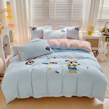 91家纺网 家纺一手货源 找家纺 恋佳居 2025新款时尚亲肤小清新水洗棉毛巾绣四件套 好朋友