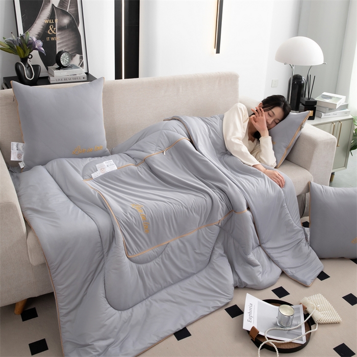 91家纺网 家纺一手货源 找家纺 照世 2024新款凉感丝轻奢抱枕被 天空灰