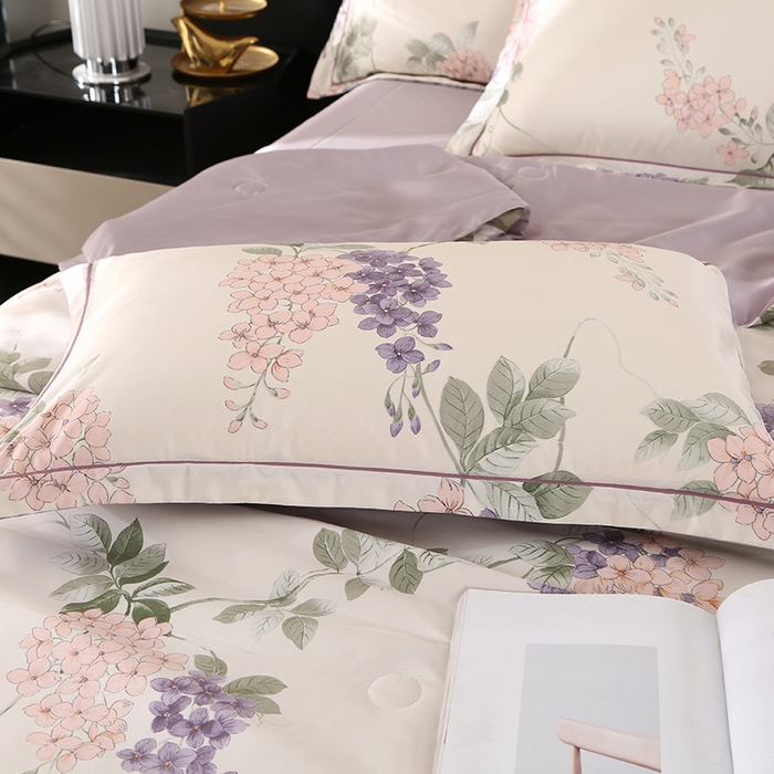 91家纺网 家纺一手货源 找家纺 富之航家纺 2024新款拼角宽边水洗天丝夏被四件套 紫藤花紫