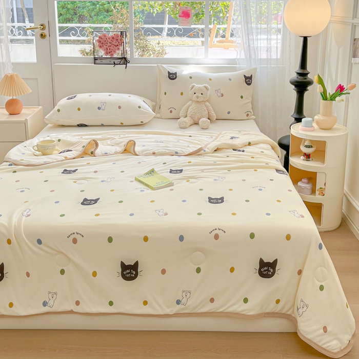 91家纺网 家纺一手货源 找家纺 葡萄家 2024新款A类母婴级大豆纤维牛奶丝针织棉夏凉被 波点猫