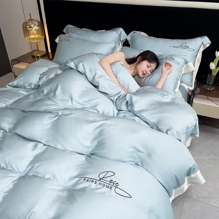 91家纺网 家纺一手货源 找家纺 瑞驰家纺 2024新款60兰精天丝四件套-罗莎琳 天水蓝