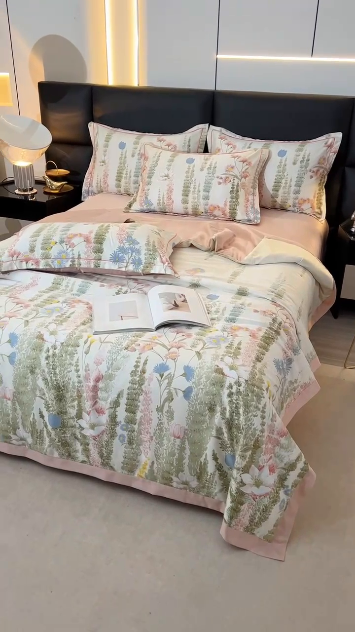 91家纺网 家纺一手货源 找家纺 富之航家纺 2024新款拼角宽边水洗天丝夏被四件套 炫彩