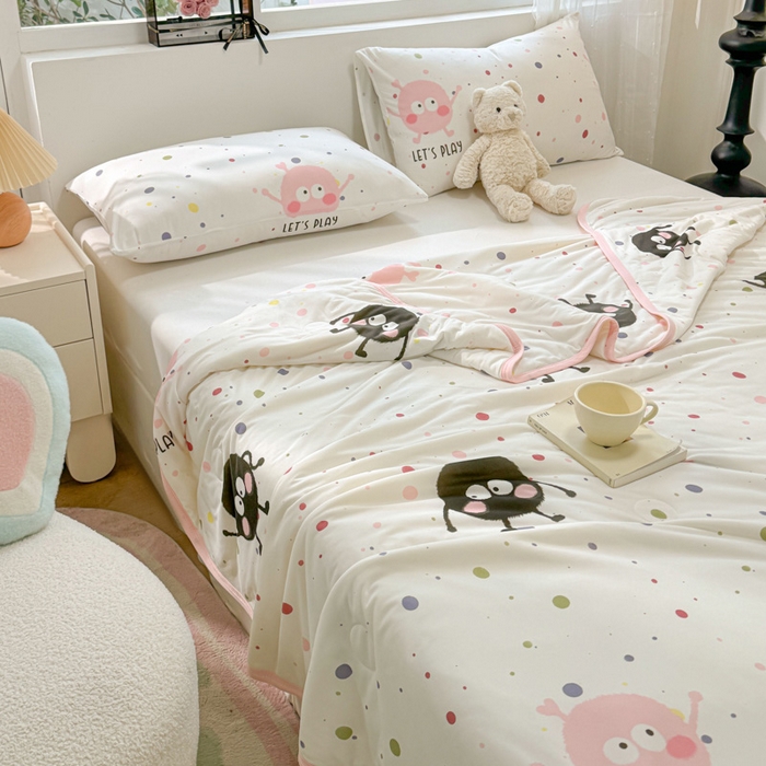 91家纺网 家纺一手货源 找家纺 葡萄家 2024新款A类母婴级大豆纤维牛奶丝针织棉夏凉被 波点煤球