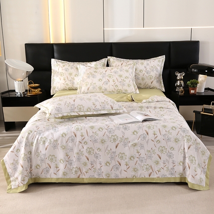 富之航家纺 2024新款拼角宽边水洗天丝夏被四件套 清晨浅绿