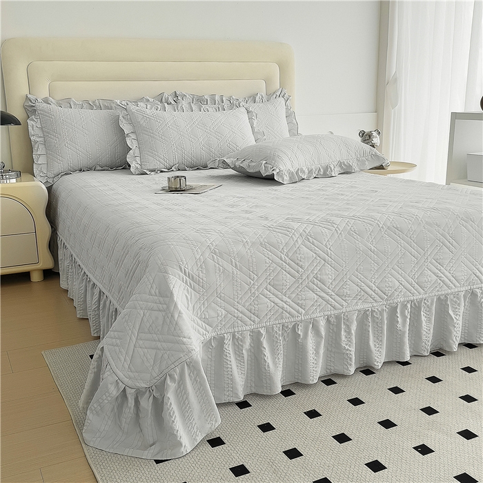 91家纺网 家纺一手货源 找家纺 十个点 2024新款软糯舒适水洗泡泡棉夹棉床盖款单品及套件 银灰