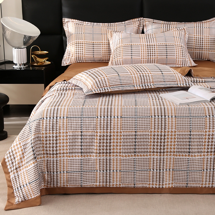 91家纺网 家纺一手货源 找家纺 富之航家纺 2024新款拼角宽边水洗天丝夏被四件套 约克-可可棕