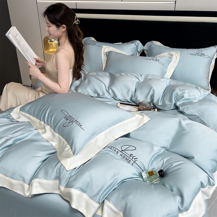 91家纺网 家纺一手货源 找家纺 瑞驰家纺 2024新款60兰精天丝四件套-罗莎琳 天水蓝