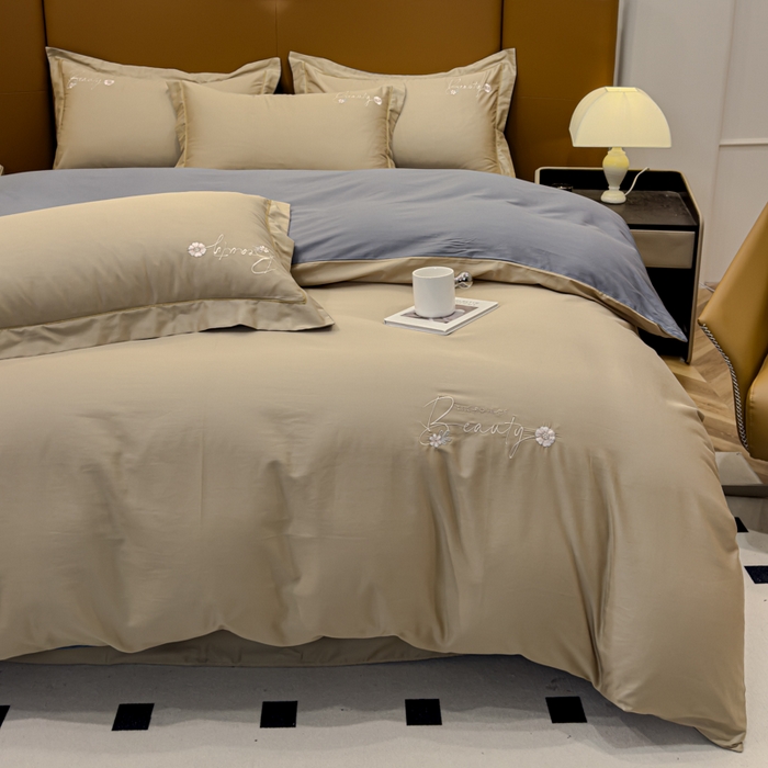 91家纺网 家纺一手货源 找家纺 U品汇 2024新品60S支贡缎长绒棉刺绣花四件套AB版纯棉全棉4件套100%棉 爱莎-浅驼