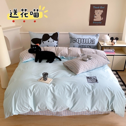 91家纺网 家纺一手货源 找家纺 柠馨 2024新款全棉卡通数码印花绣标系列四件套 送花喵