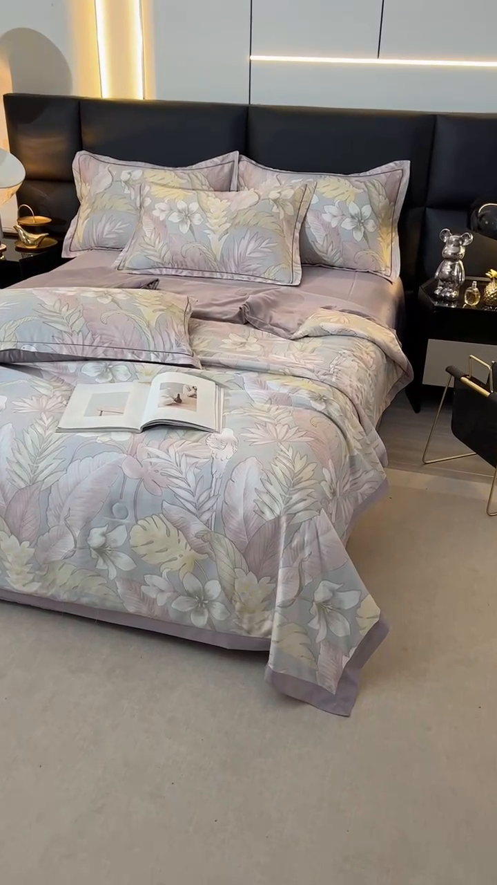 91家纺网 家纺一手货源 找家纺 富之航家纺 2024新款拼角宽边水洗天丝夏被四件套 羽颂紫