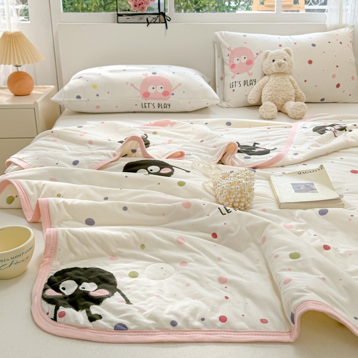 91家纺网 家纺一手货源 找家纺 葡萄家 2024新款A类母婴级大豆纤维牛奶丝针织棉夏凉被 波点煤球