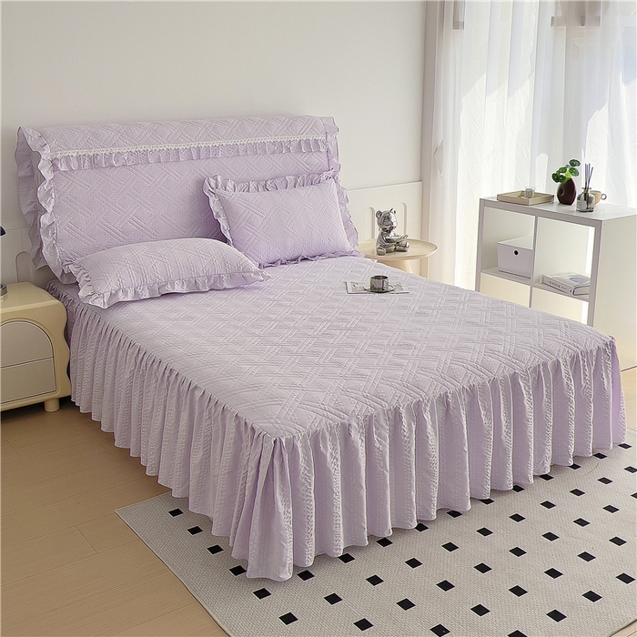 91家纺网 家纺一手货源 找家纺 2024新款亲肤水洗泡泡棉夹棉绗缝床裙款单品及套件 媚紫