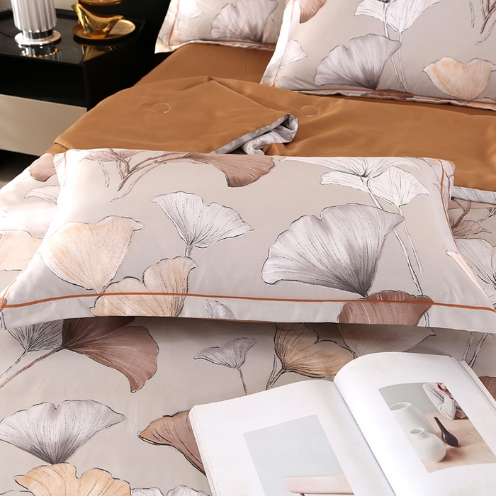 91家纺网 家纺一手货源 找家纺 富之航家纺 2024新款拼角宽边水洗天丝夏被四件套 盛夏-可可棕