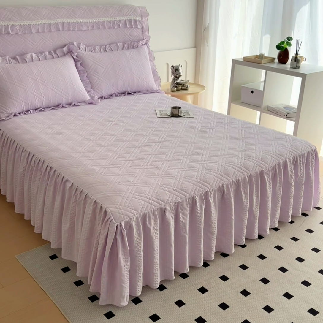 91家纺网 家纺一手货源 找家纺 2024新款亲肤水洗泡泡棉夹棉绗缝床裙款单品及套件 媚紫