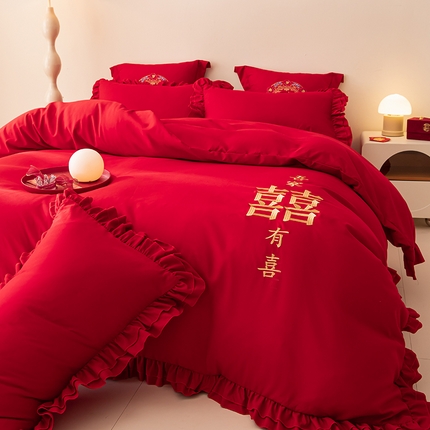 91家纺网 家纺一手货源 找家纺 玉雅家纺 2025新款磨毛时尚花边款床裙婚庆四件套 花边款-双喜