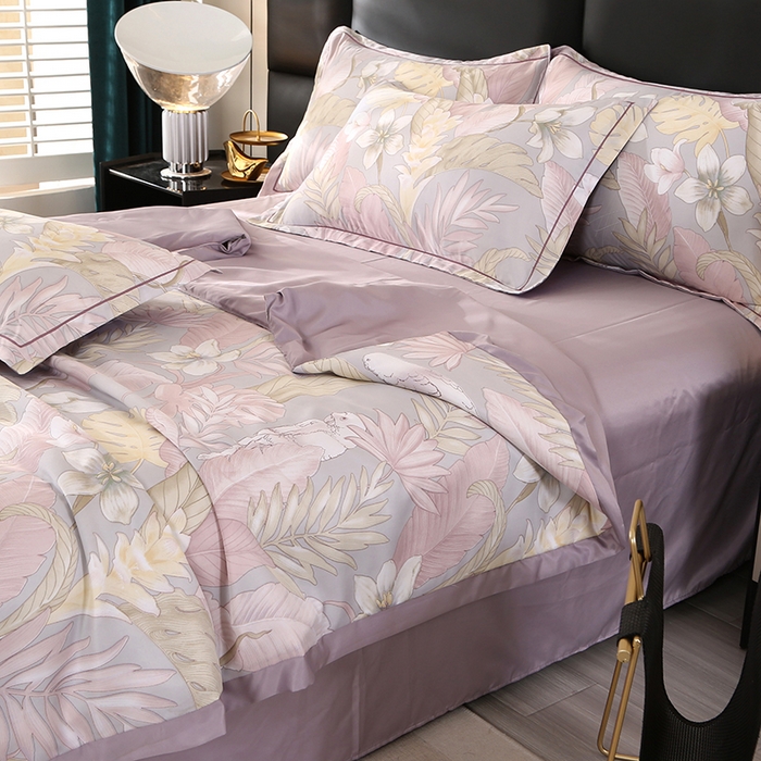 91家纺网 家纺一手货源 找家纺 富之航家纺 2024新款拼角宽边水洗天丝夏被四件套 羽颂紫