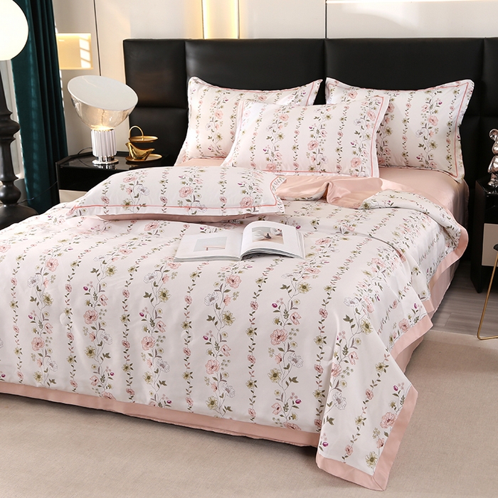 91家纺网 家纺一手货源 找家纺 富之航家纺 2024新款拼角宽边水洗天丝夏被四件套 园艺红