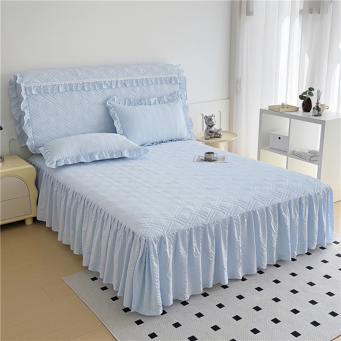 91家纺网 家纺一手货源 找家纺 2024新款亲肤水洗泡泡棉夹棉绗缝床裙款单品及套件 天蓝