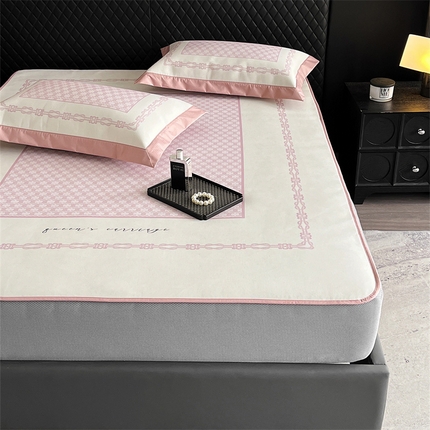 91家纺网 家纺一手货源 找家纺 三味舒屋 2025新款凉感抗菌防螨印花冰丝养生席手绘系列床笠款【简欧】  杰西卡粉