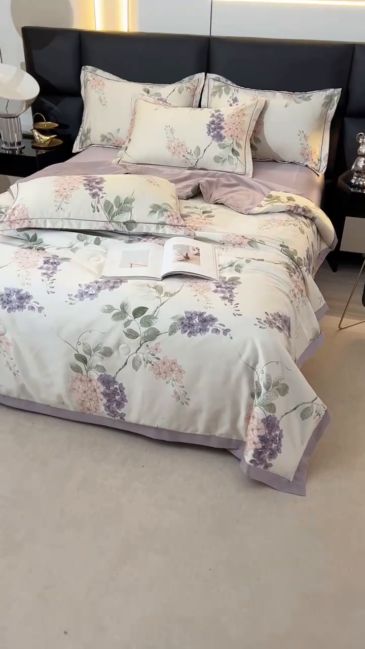 91家纺网 家纺一手货源 找家纺 富之航家纺 2024新款拼角宽边水洗天丝夏被四件套 紫藤花紫