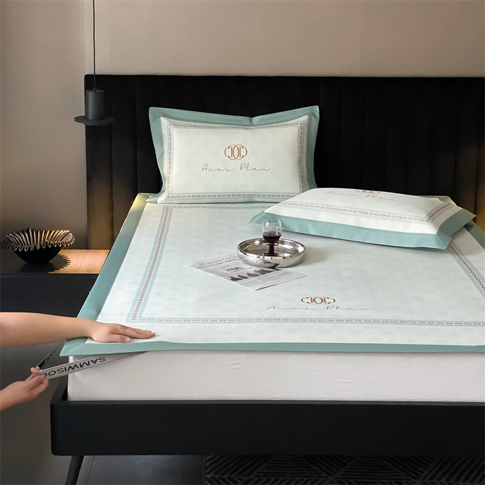 91家纺网 家纺一手货源 找家纺 三味舒屋 2025新款凉感抗菌防螨印花冰丝养生席手绘系列床席款【简欧】  安娜绿