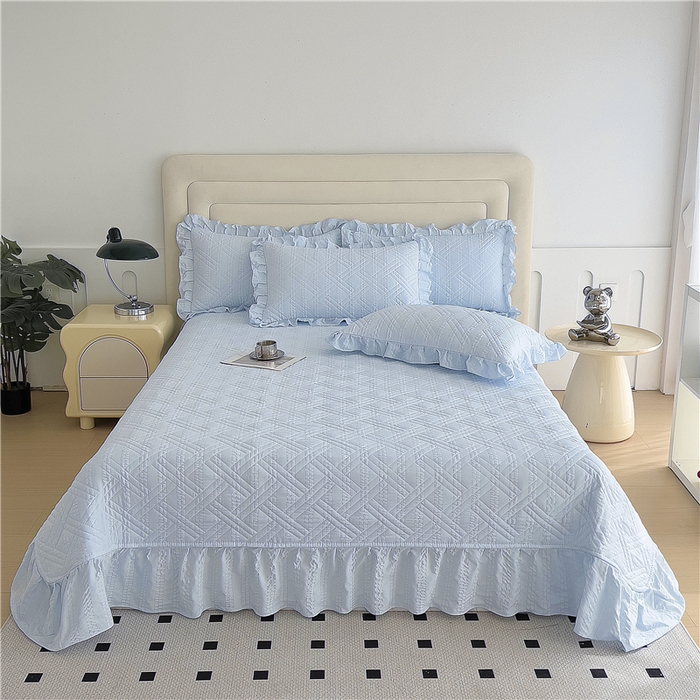 91家纺网 家纺一手货源 找家纺 十个点 2024新款软糯舒适水洗泡泡棉夹棉床盖款单品及套件 天蓝