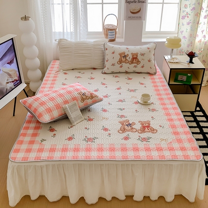 顾里家纺 顾里家纺 2024新款凉感丝数码印花INS风大版凉席三件套 格子花熊