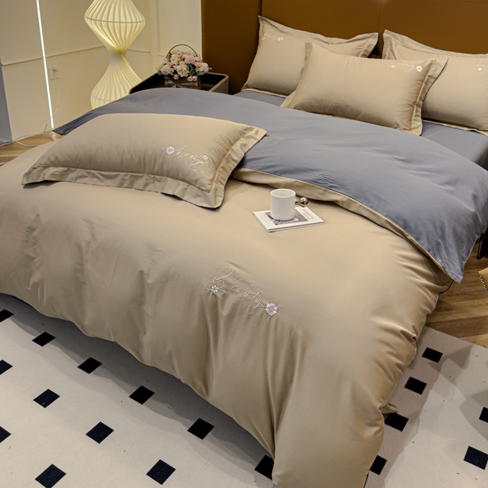 91家纺网 家纺一手货源 找家纺 U品汇 2024新品60S支贡缎长绒棉刺绣花四件套AB版纯棉全棉4件套100%棉 爱莎-浅驼